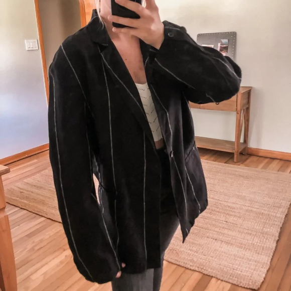 DEPT. ANONYM 100% Linen Black Striped Collared V Neck Classic Lightweight Blazer - Picture 1 of 11